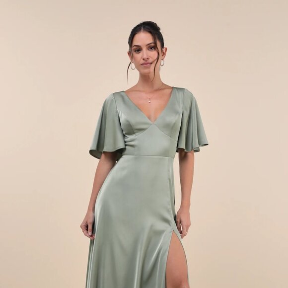 Lulus Sage Satin Maxi Dress - Picture 1 of 2